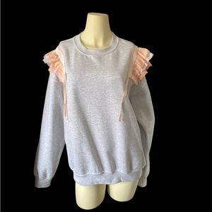 Paradised Cotton Fleece Lined Crew Neck Ruffle Ribbon Shoulder Pullover Sweater